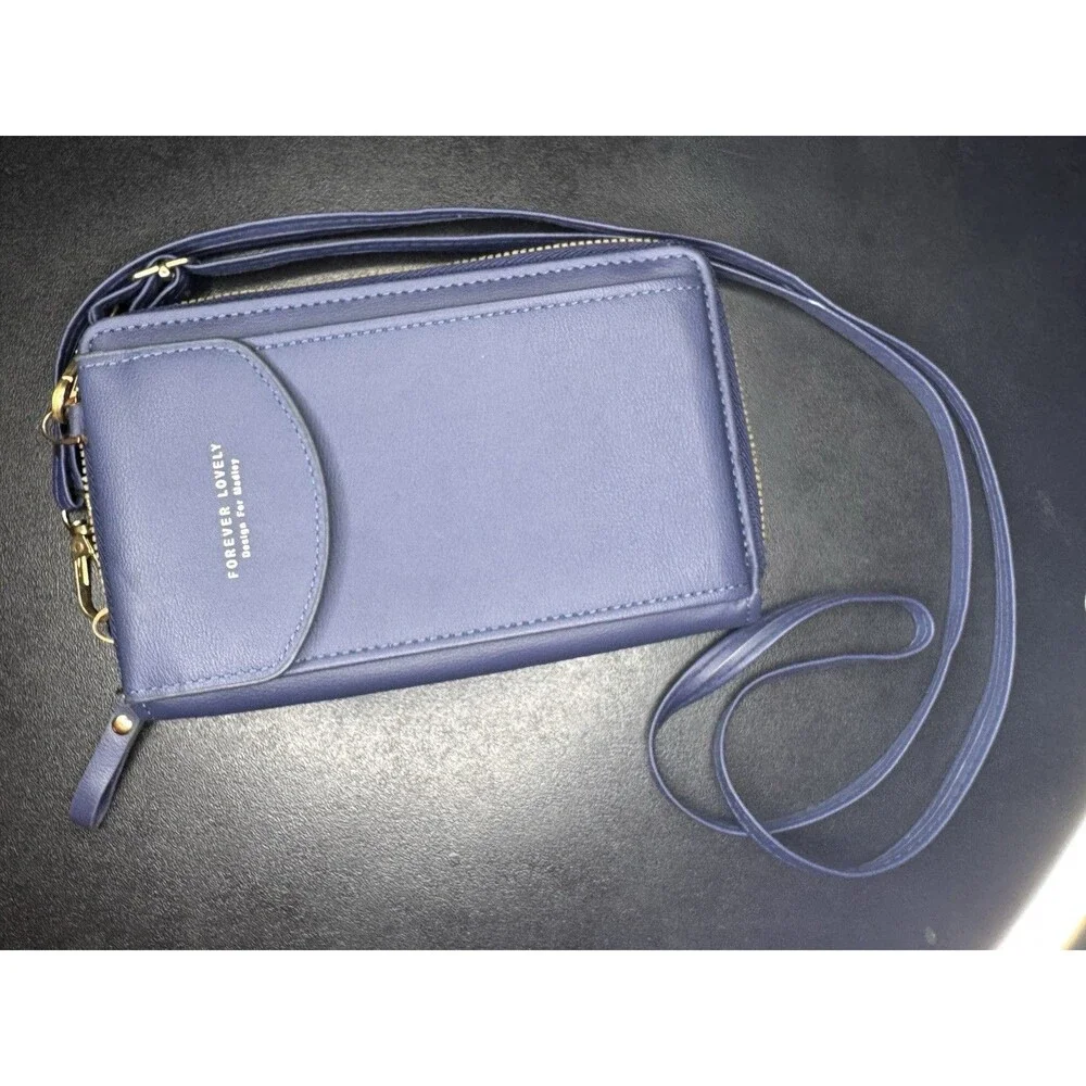 Forever Lovely Blue Crossbody Wallet Phone Purse Organizer Gold Zip Faux Leather